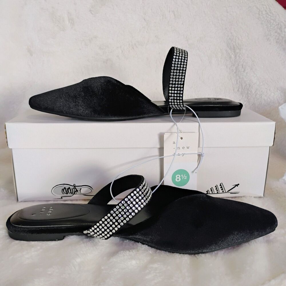 A New Day Maxine Flats Shoes Black Velvet Size 8.5 Rhinestones Memory Foam